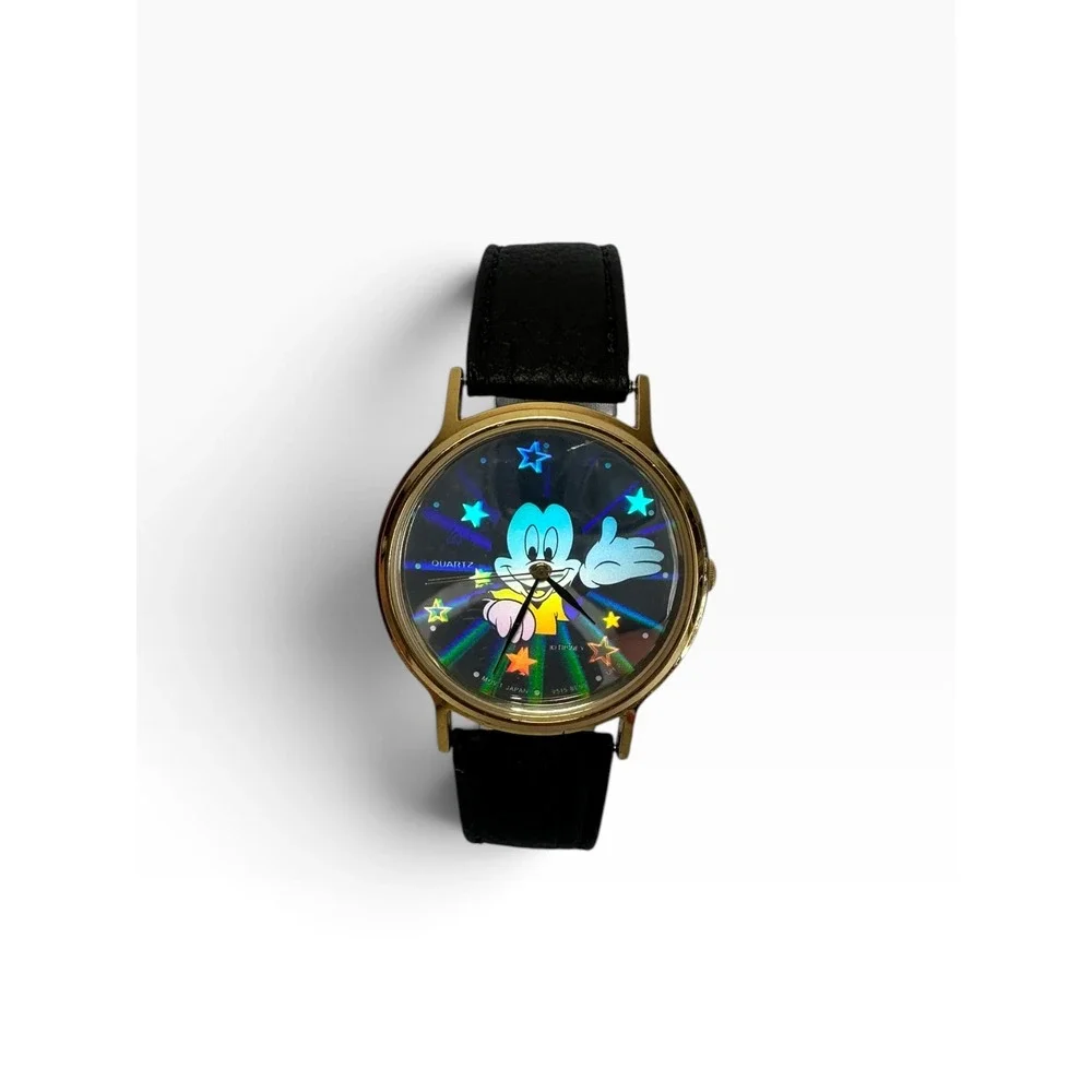 Vintage Lorus Mickey Mouse Watch Black Leather Band Holographic V515-8A00 WORKS!